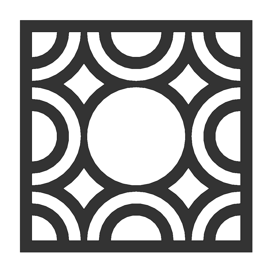 A black and white square design with several circles positioned within it.  