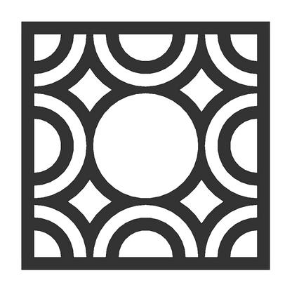A black and white square design with several circles positioned within it.  